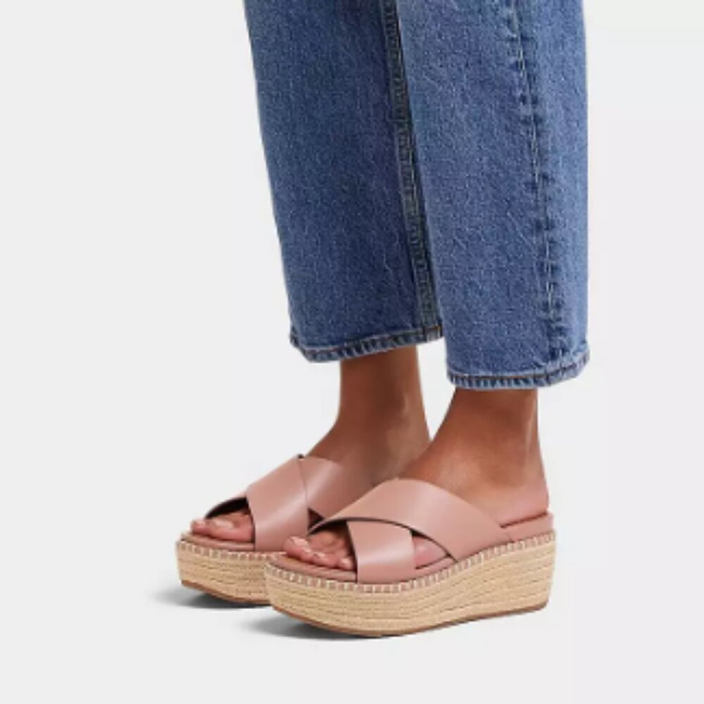 FitFlop Eloise sz 8.5 Espadrille Leather Wedge Cross Slides Beige Buff Shoes